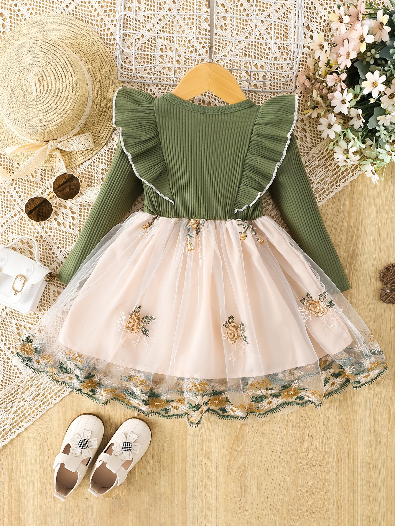 Girls' Ruffle Long Sleeve Bow Stitching Flower Mesh Tutu Dress