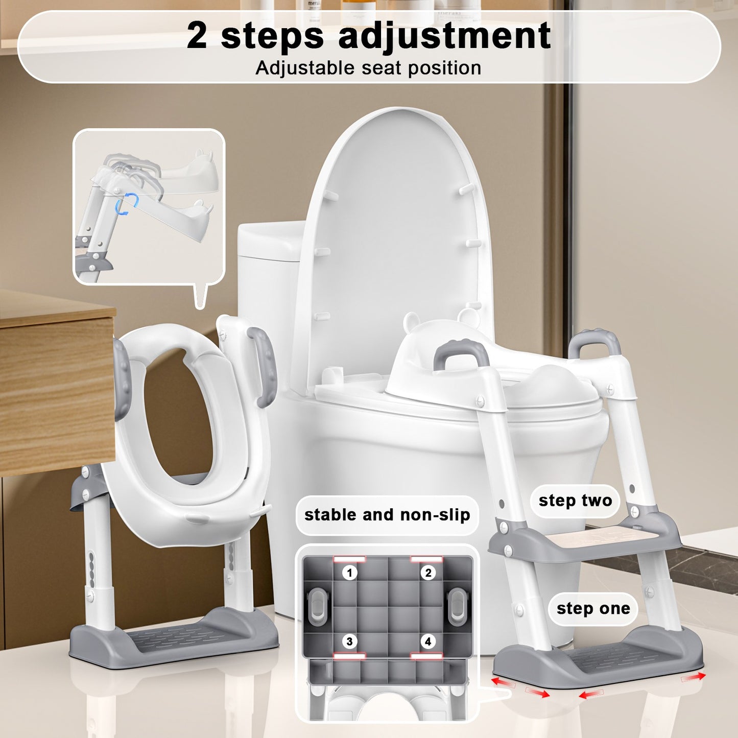 Potty Training Toilet Seat, Adjustable Toddler Toilet Seat with Steps