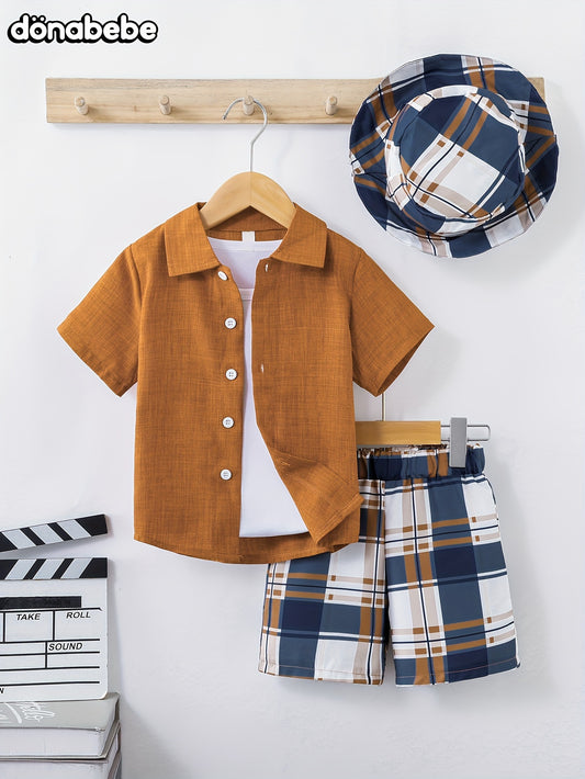 Boys Stylish Short Sleeve Lapel Shirt, Plaid Shorts & Hat Set