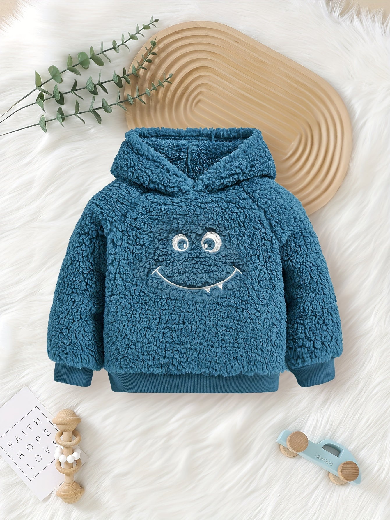 Baby's Cute Monster Embroidery Warm Fuzzy Hoodie & Casual Pants