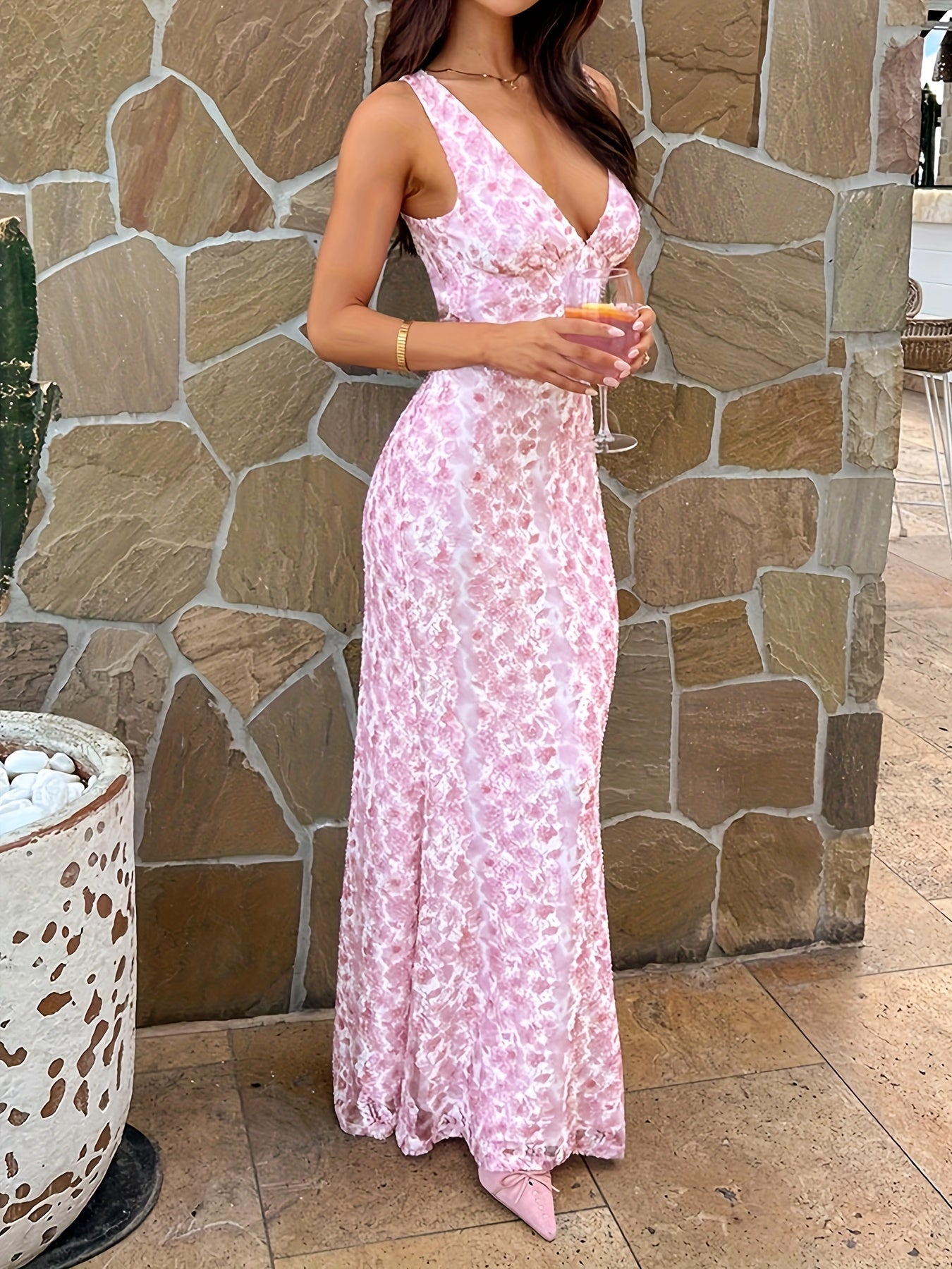 Women's Elegant Deep V-Neck Rose Veil Maxi