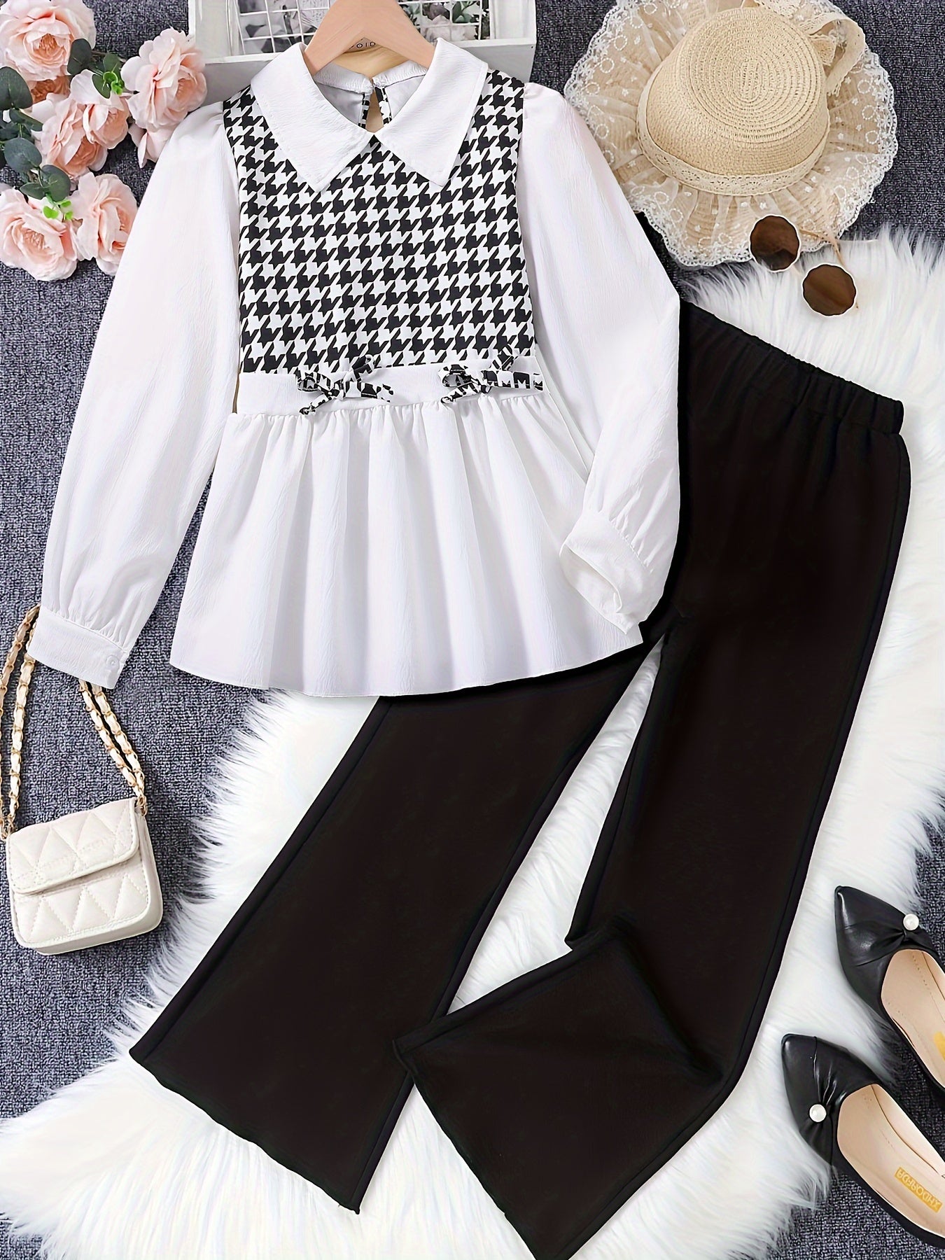 Stylish Outfit, Long Sleeve Lapel Collar Houndstooth Pattern Peplum Top & Solid Black Wide Leg Pants