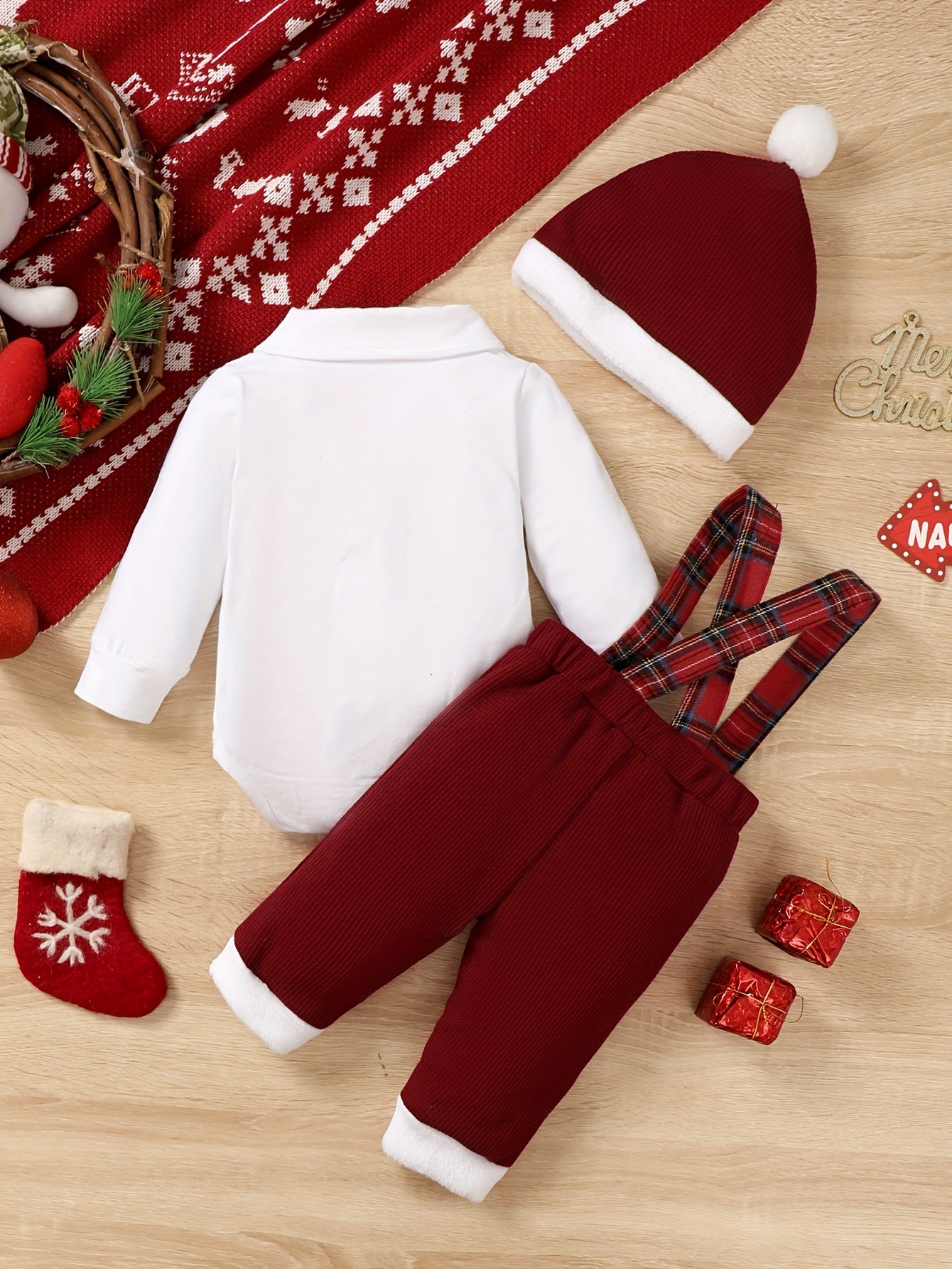 Infant Boys' Christmas Outfit Set – Long Sleeve Comfy Cotton Onesie + Plaid Suspender Pants + Christmas Hat, Cute Set