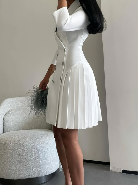 Elegant V-Neck Pleated Button Dress for Women - Solid Color, Polyester & Spandex Blend, Machine Washable