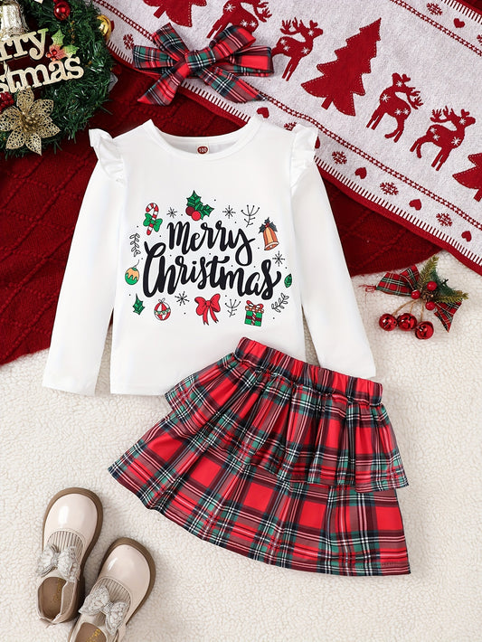 Girl's 'Merry Christmas' Print Long-Sleeve Ruffle Top + Plaid Print Tiered Skirt