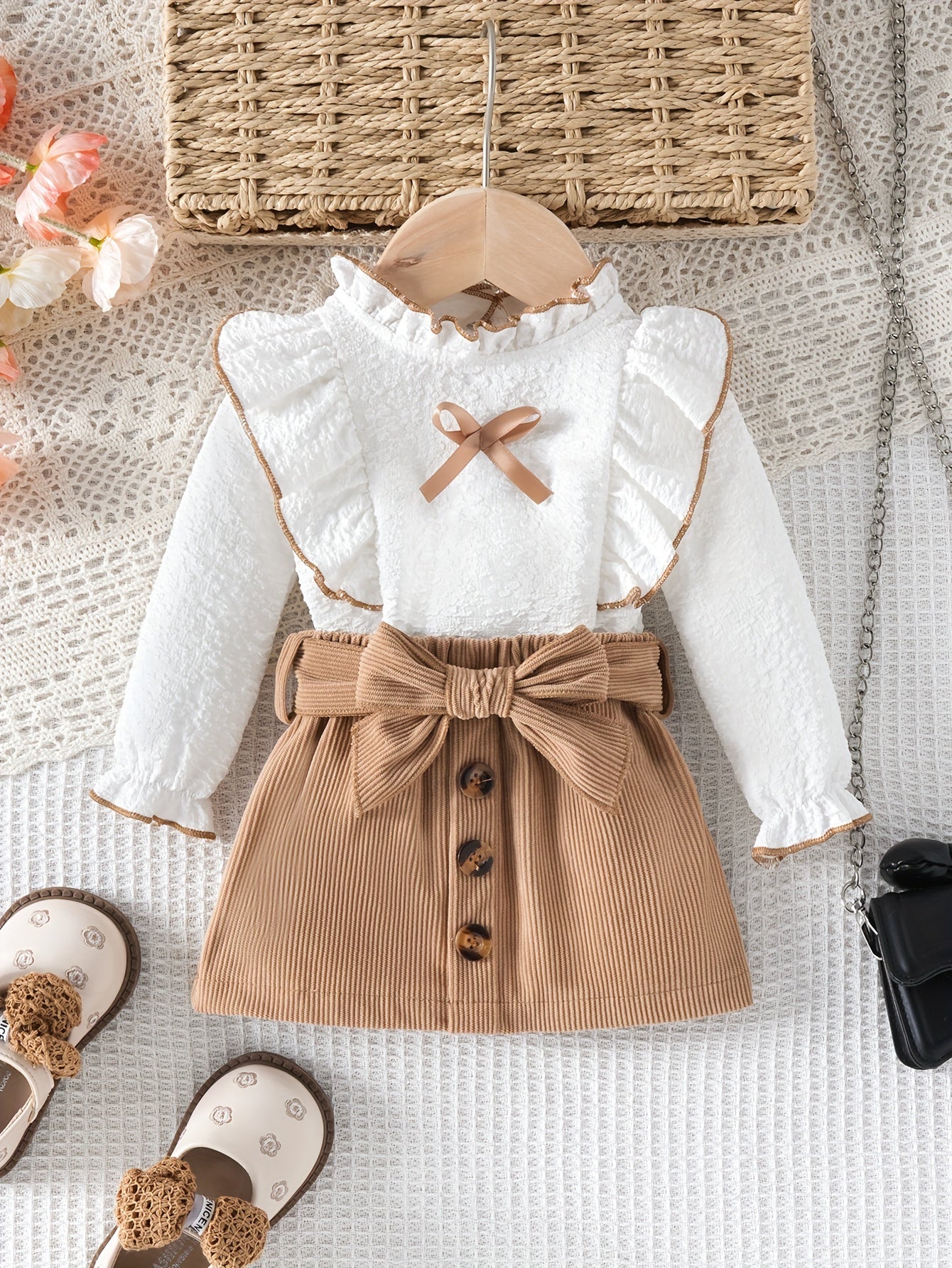 Chic Toddler Girls' Solid Color Lace-Trim Long Sleeve Top & Skirt Set