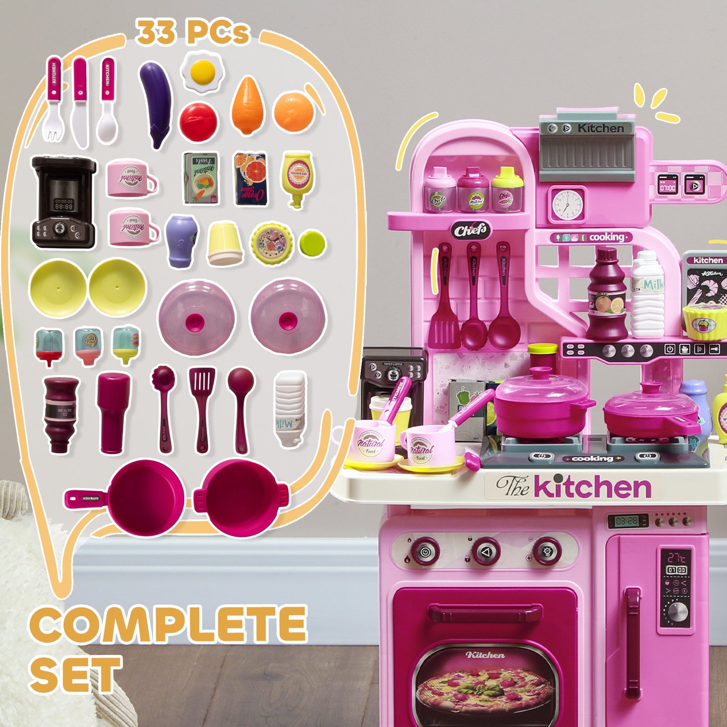 Kids Kitchen, Toy Kitchen, Toddler Pretend Play Kitchen with 33 Piece Accessories, Lights, Sounds, Storage, for Children 3-6 Years, Pink