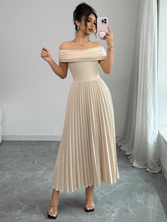 Elegant Off-Shoulder Golden Hour Pleated Dress