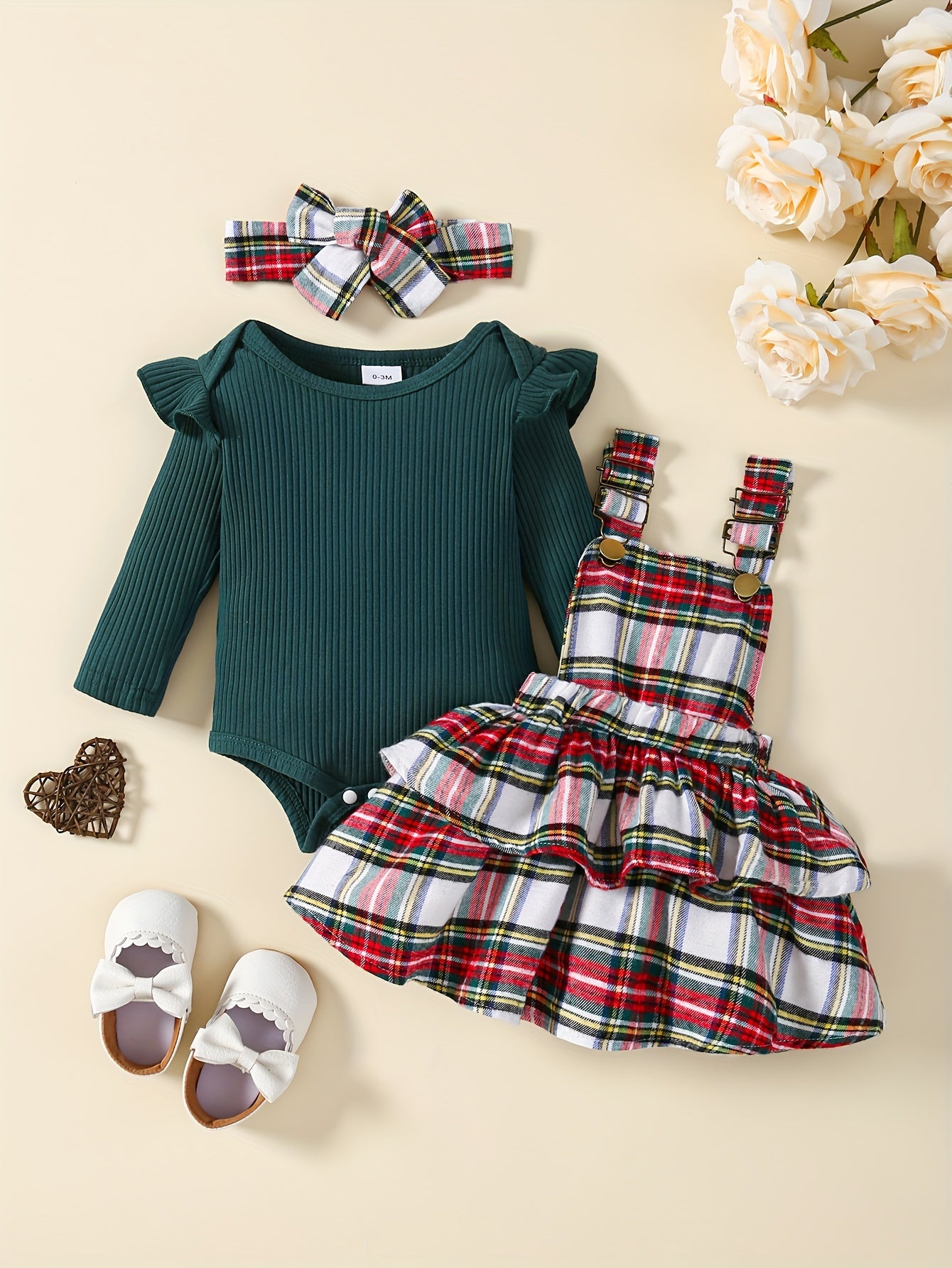 Baby's  Overall Dress + Ruffled Bodysuit + Hairband, Toddler & Infant Girl's Clothing Set