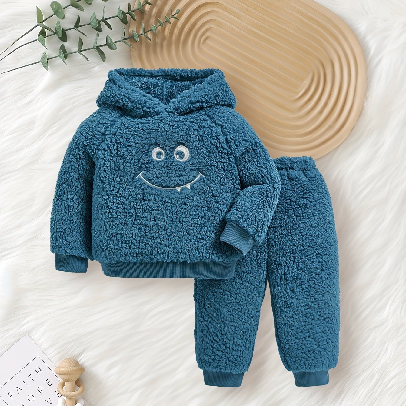 Baby's Cute Monster Embroidery Warm Fuzzy Hoodie & Casual Pants