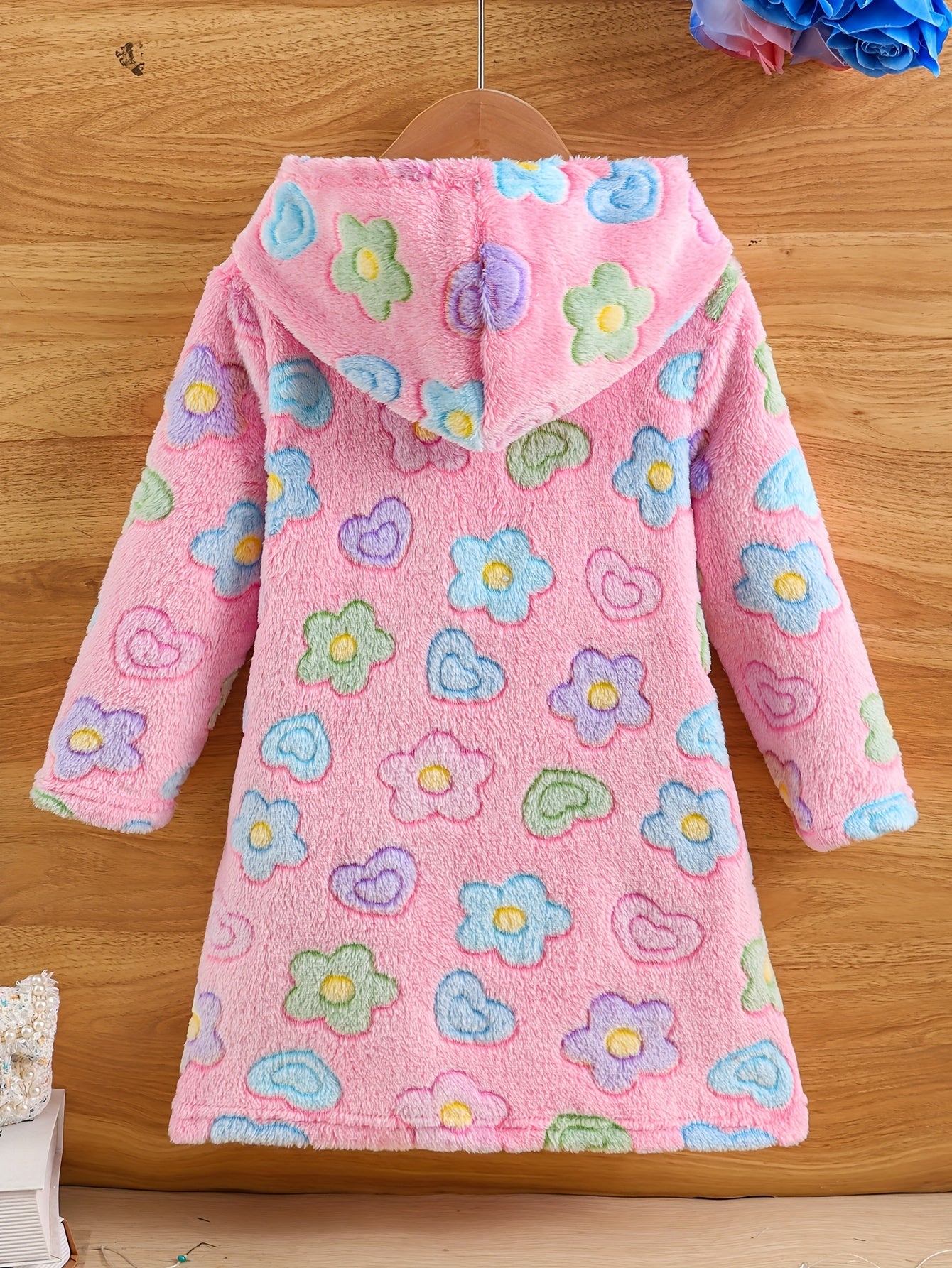 Girls Warm & Cute Long Sleeve Cartoon Flowers & Horse Rainbow & Retro Geometric Pattern Plush Hooded Dress For Fall & Winter Outdoors