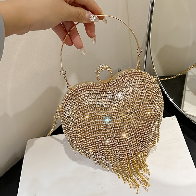 Elegant Heart-Shaped Rhinestone Clutch with Tassel, Lightweight  Handbag