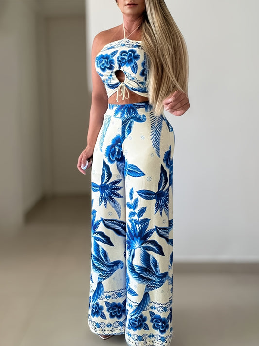 Floral Whispers Backless Elastane Blend Top and Wide Leg Pants Set