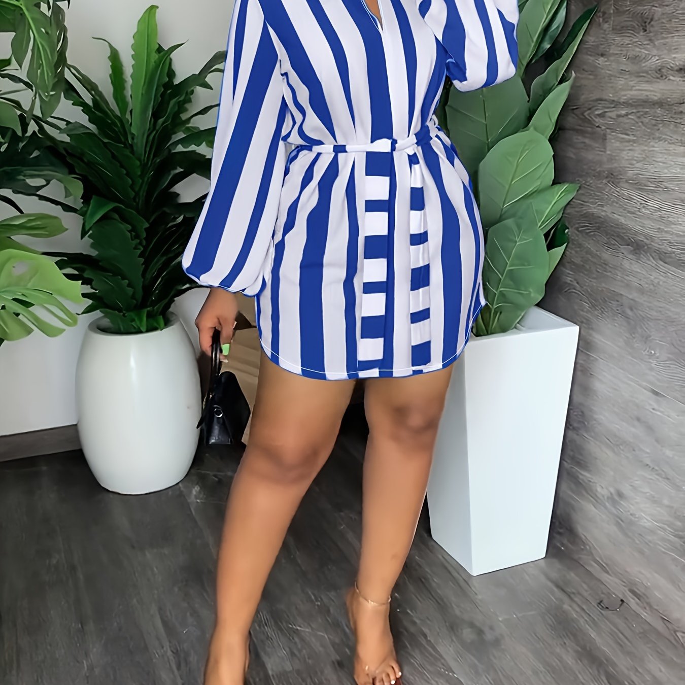 Striped Print Lantern Sleeve Dress, Casual Tie-waist Notch Neck Dress, Women's Clothing