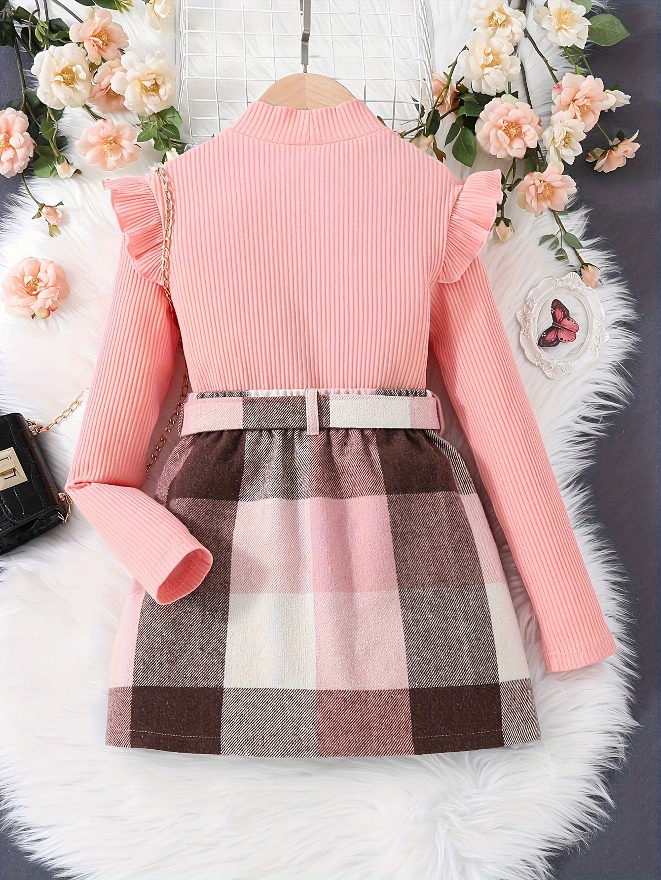 Girls 2pcs Set, Cute Ribbed Knit Top with Plaid Skirt