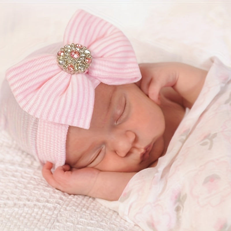 Baby Striped Knitted Tire Cap Big With Butterfly Shiny Artificial Diamond For Winter