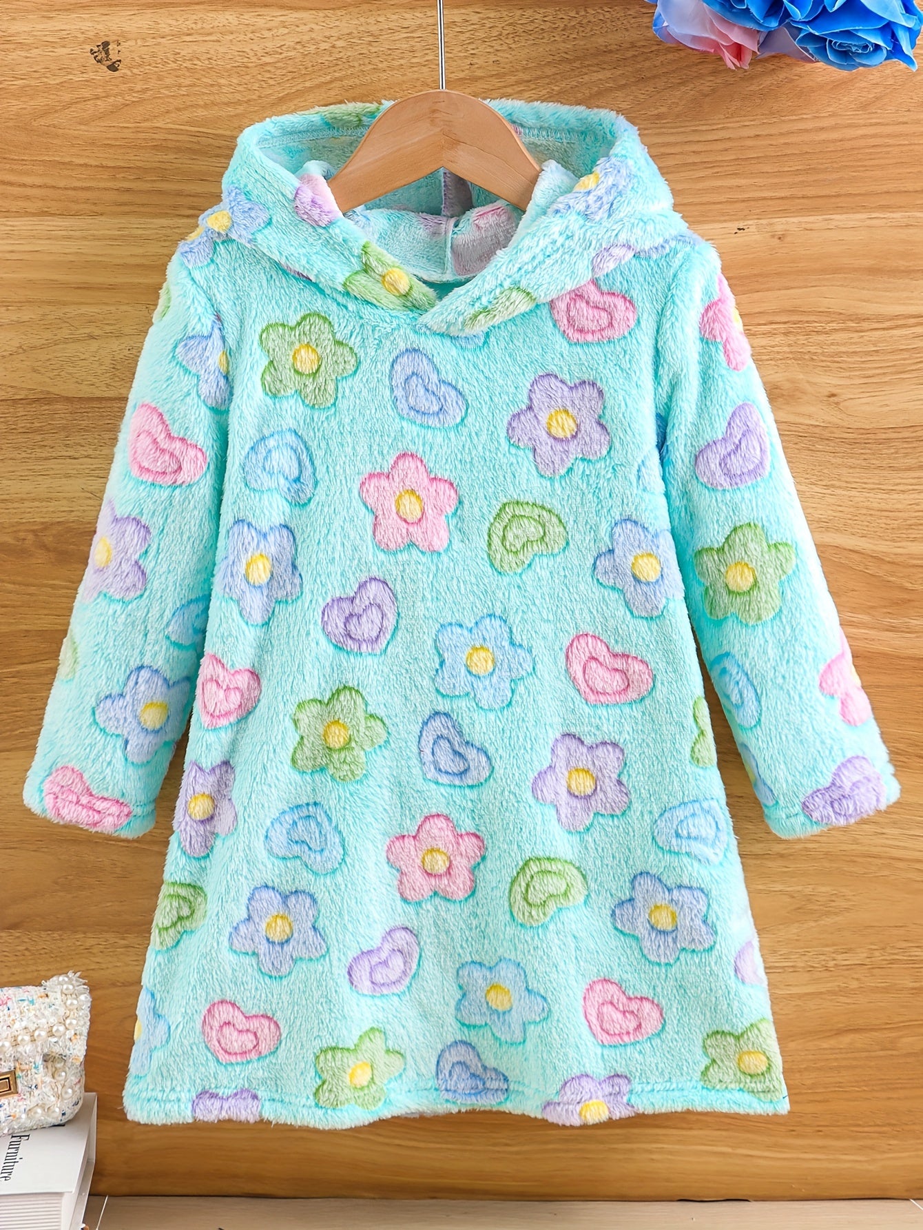 Girls Warm & Cute Long Sleeve Cartoon Flowers & Horse Rainbow & Retro Geometric Pattern Plush Hooded Dress For Fall & Winter Outdoors