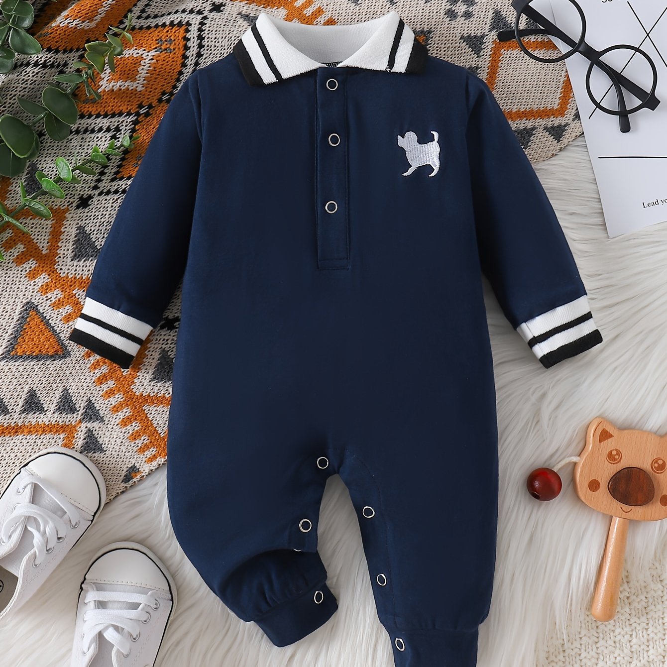 Adorable Embroidered Long-Sleeve Romper for Boys