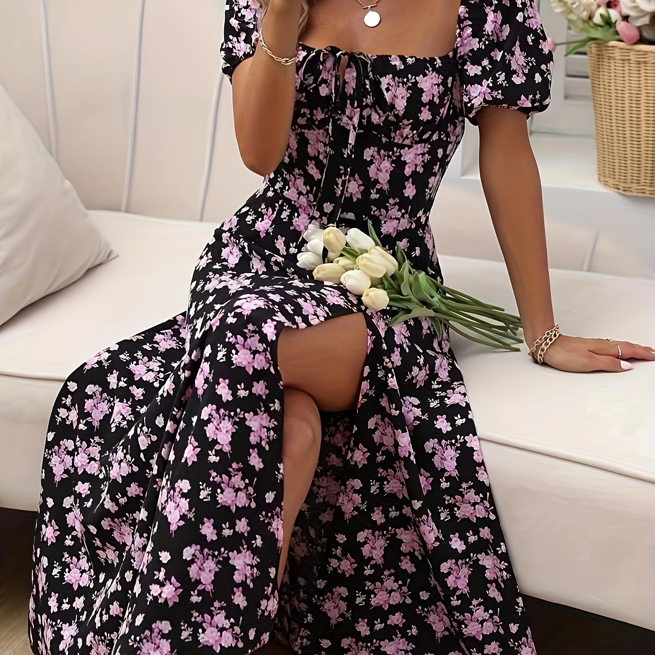 Chic High-Slit Maxi Dress – Floral Elegance