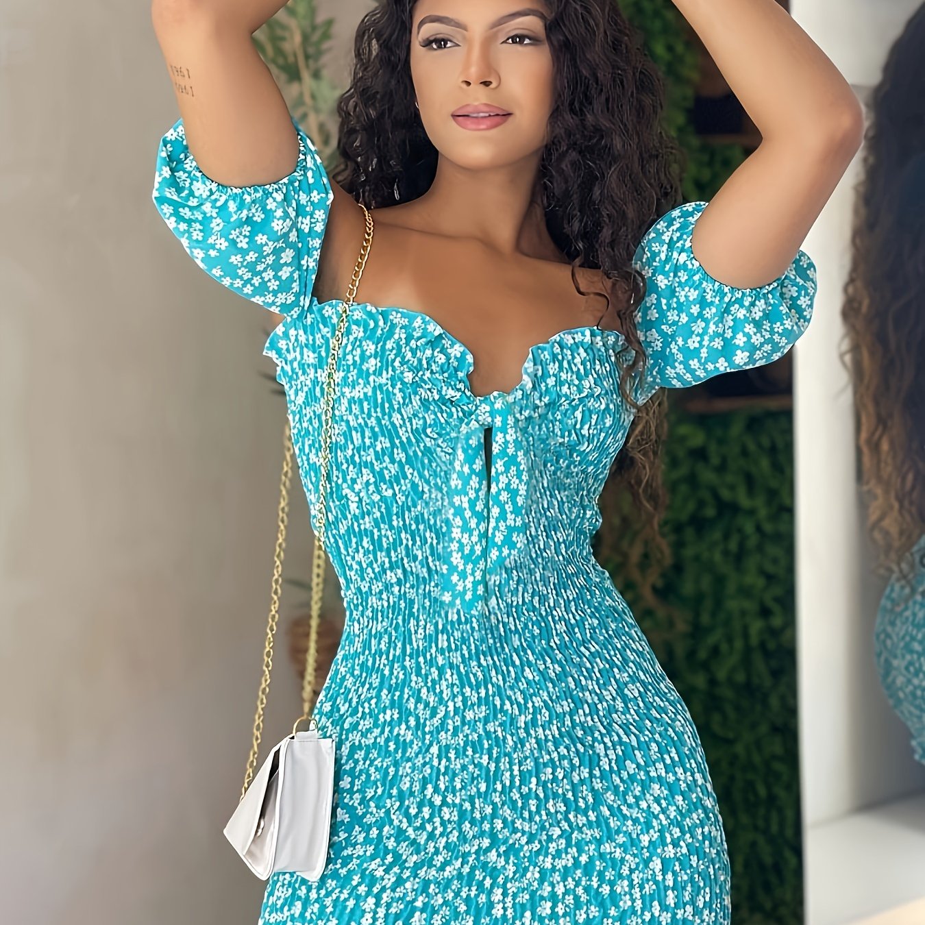 Ruffle Trim Knot Front Sweetheart Neck Shirred Slim Floral Print Off-shoulder Dress