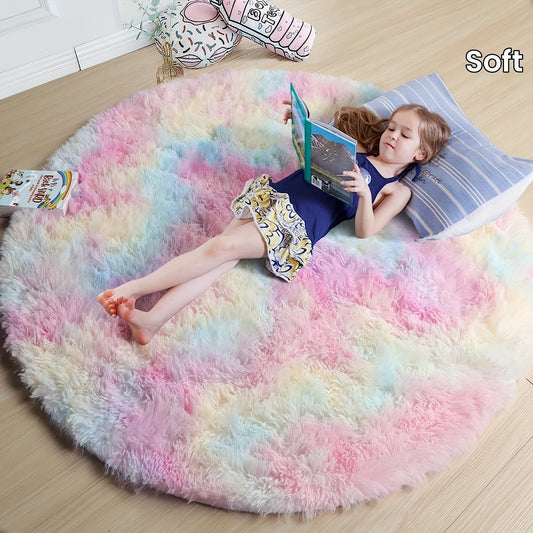 Round Rainbow Fluffy Rug, Tie Dye Colourful Mats, Cute Floor Rug