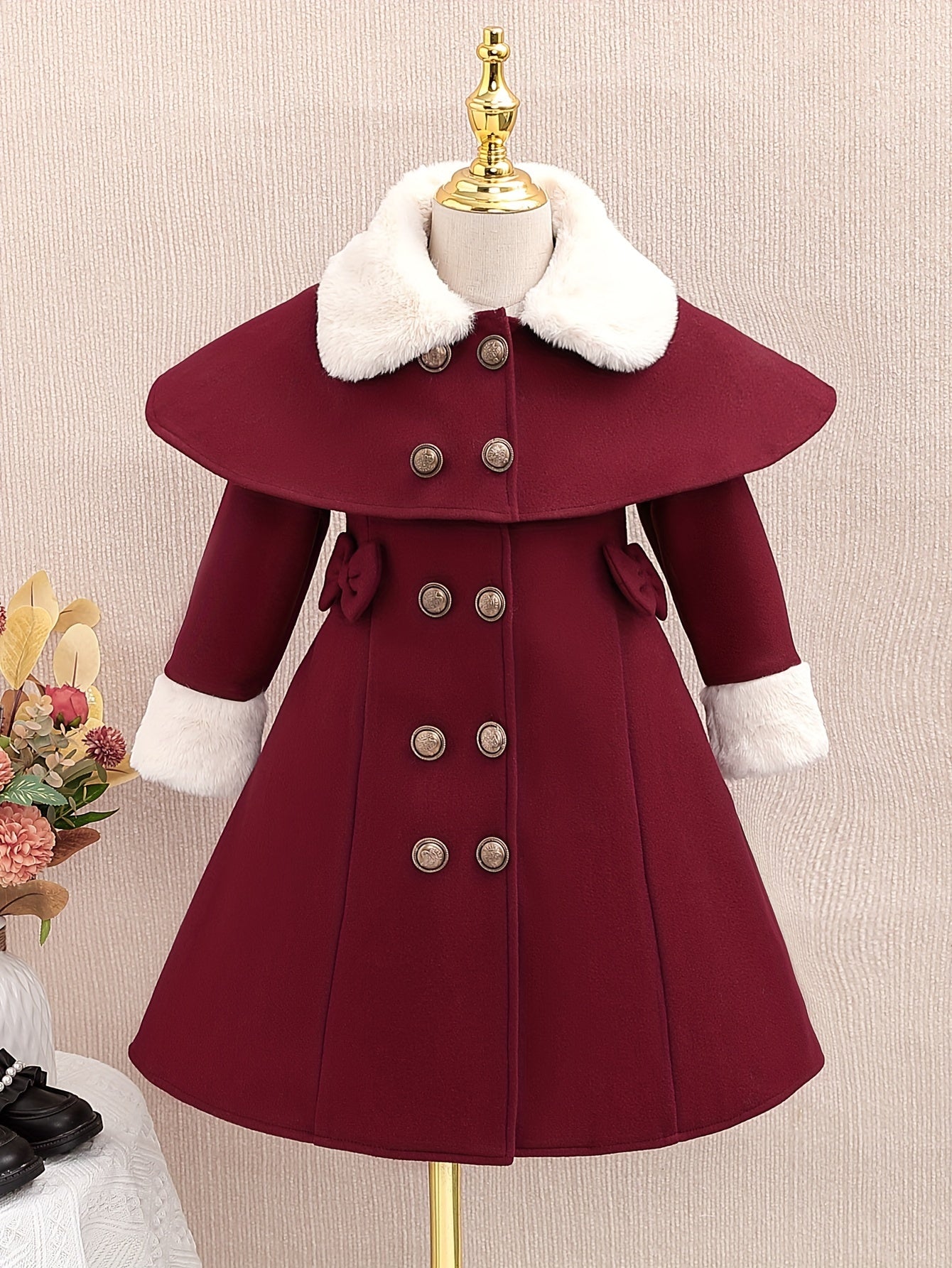 Girls Fleece Lapel Collar Double-breasted And Back Bow Decor Cloak Dress, Elegant And Stylish For Fall And Winter