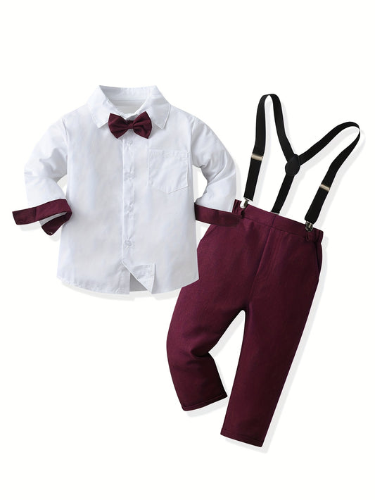 Formal Gentlemen Outfit, Long Sleeve Dress Bowtie Shirt & Suspender Pants