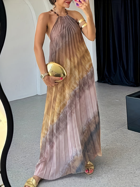 Elegant Women'S Athens Tie-Dye Pleated Maxi Dress - Sleeveless, Fitted, Spring/Summer Style, Perfect for Adult, Casual Attire|Sleeveless Dress|Tie Dye Pattern