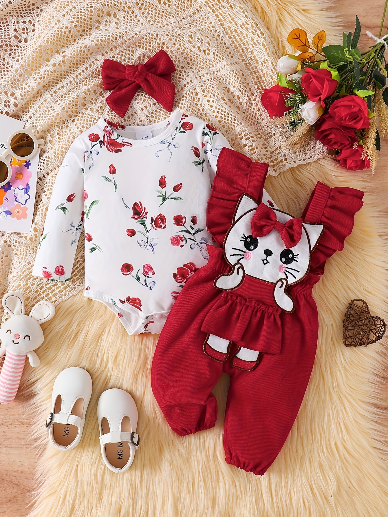 Floral Long Sleeve Romper, Kitty Print Overalls & Headband