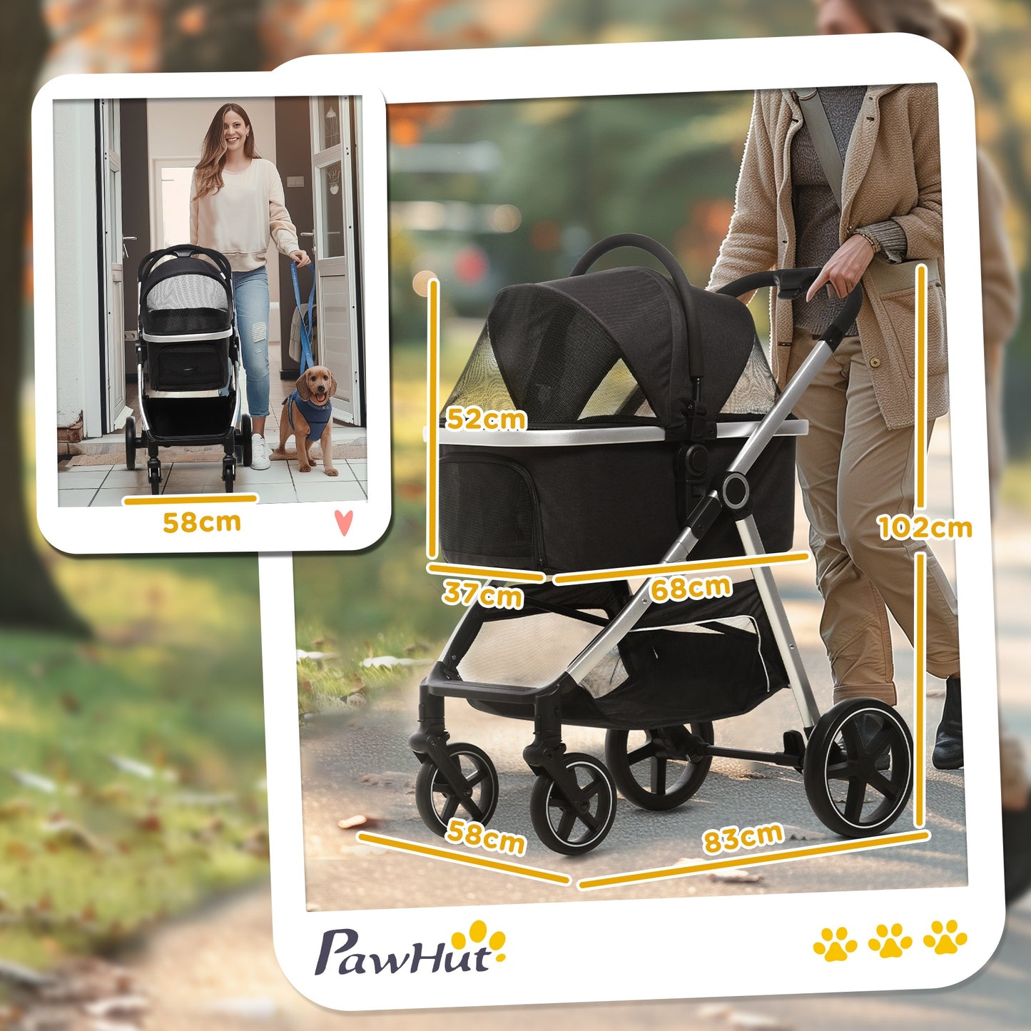 One-Click Foldable Pet Stroller, Detachable Dog Cat Travel Pushchair, Car Seat