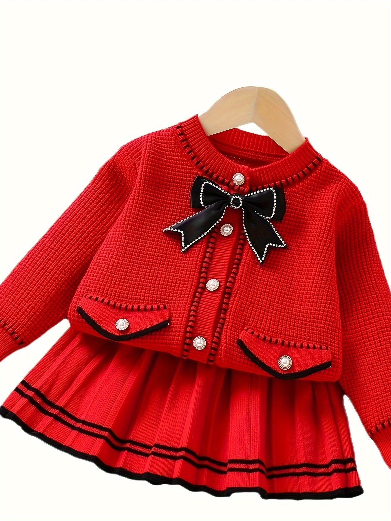 Elegant Cute Knited Set For Girls, Crew Neck Bow Collar Knit Cardigan + Skirt