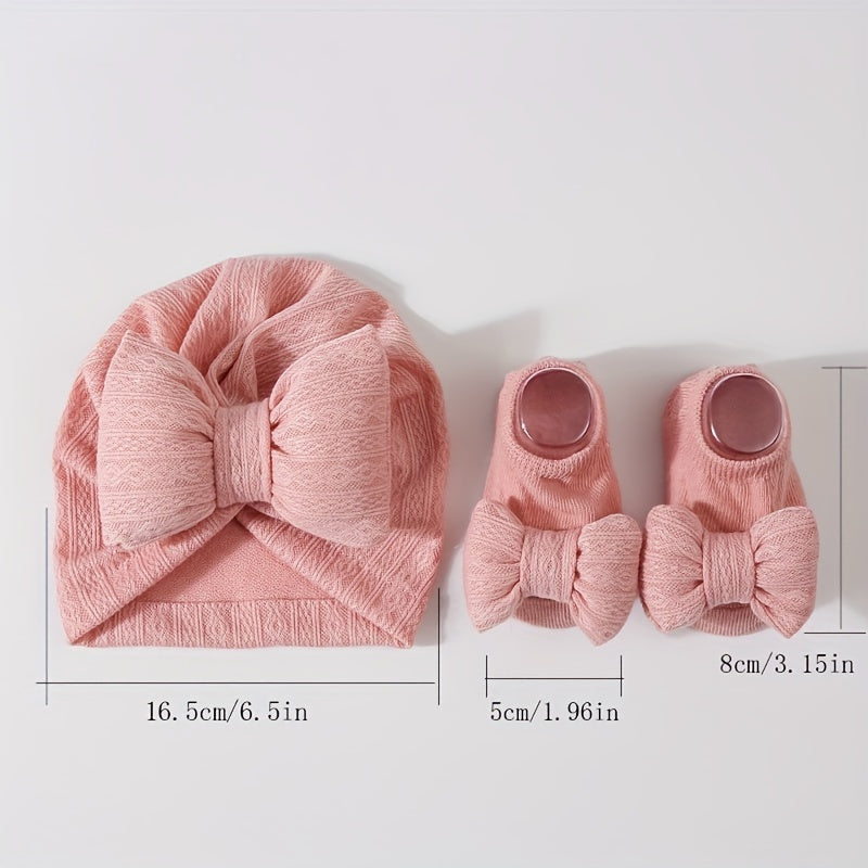Two Piece  Newborn Knit Fleece Bow Hat & Sock Set