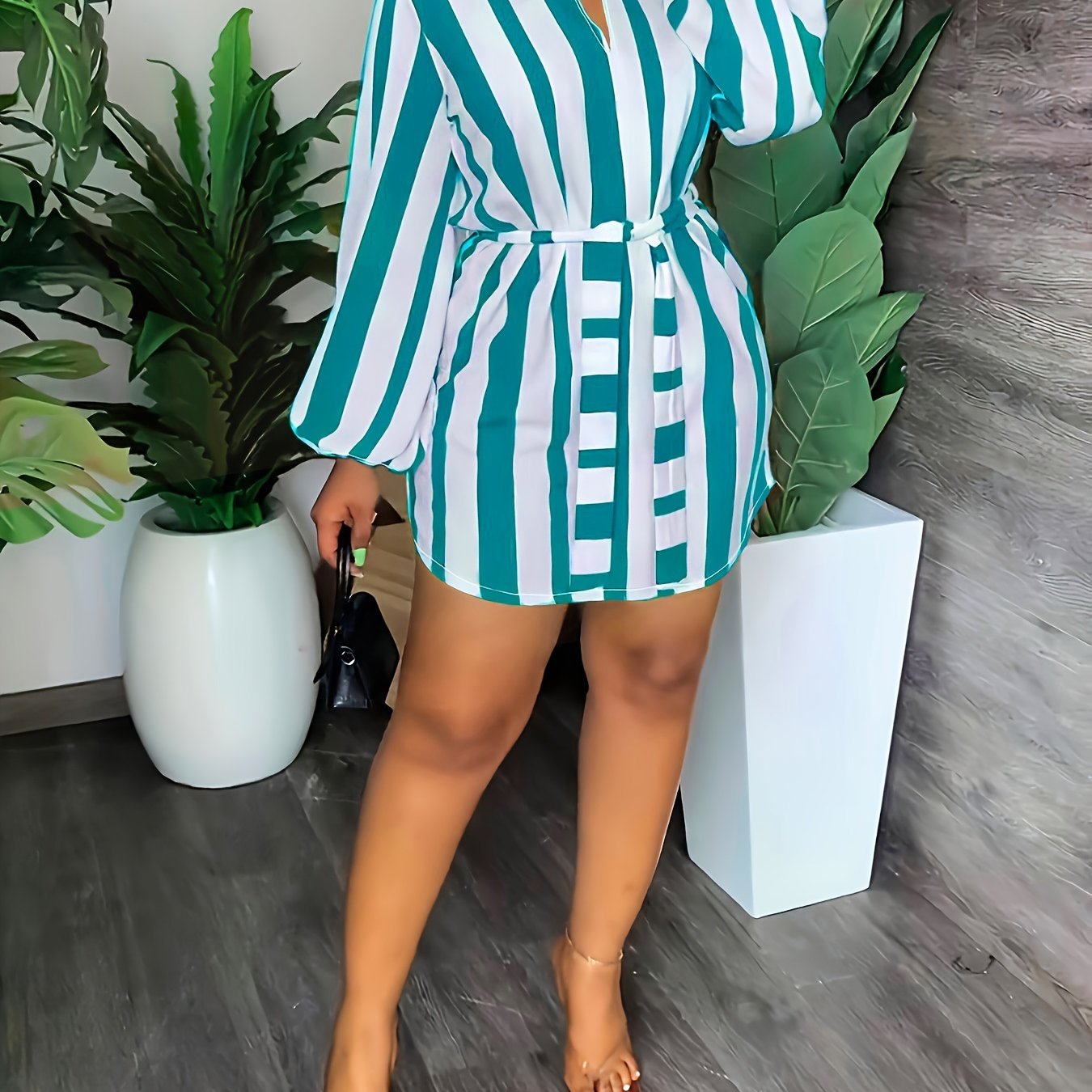 Striped Print Lantern Sleeve Dress, Casual Tie-waist Notch Neck Dress, Women's Clothing