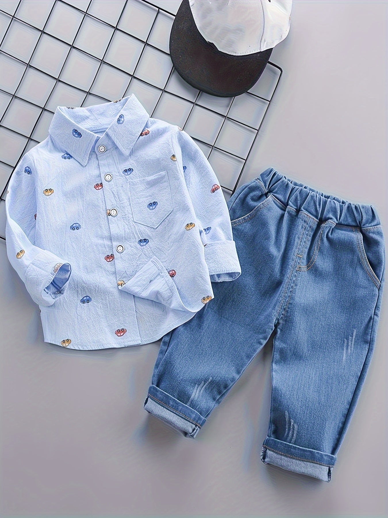 Cartoon Cars Button Down Shirt & Elastic Pants Outdoor Set