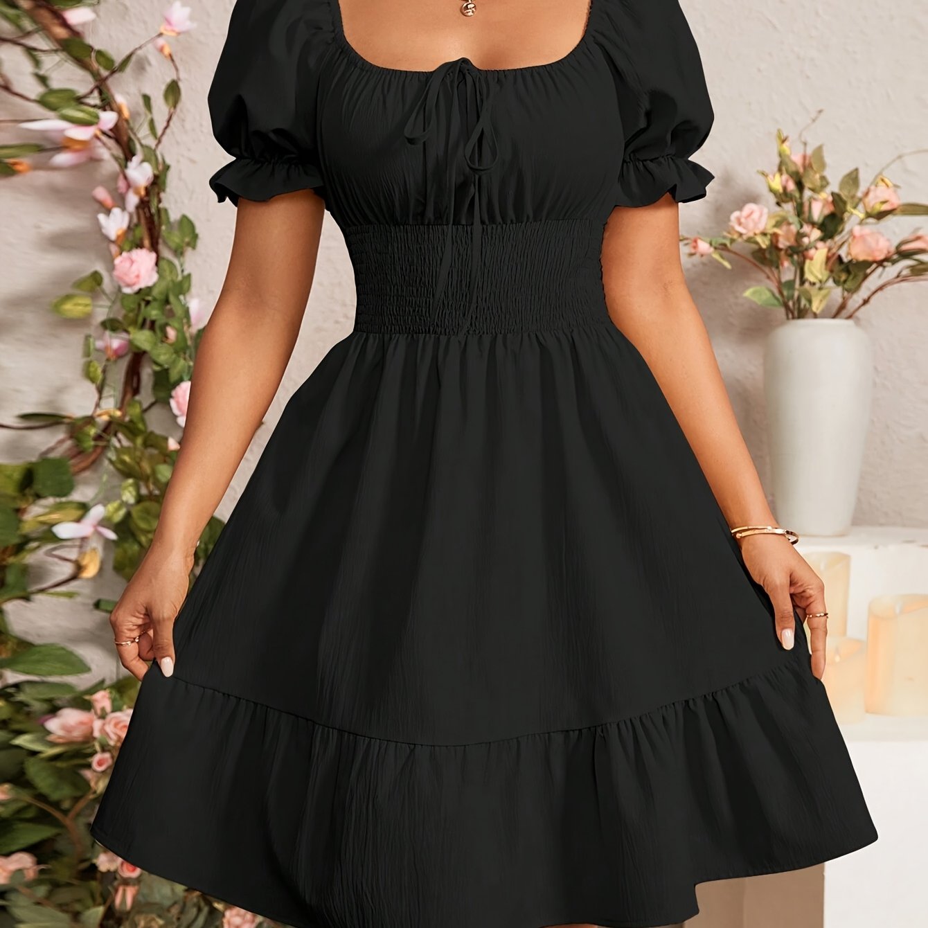 Women's Tie-Back Bubble Sleeve Ruffled Hem Dress