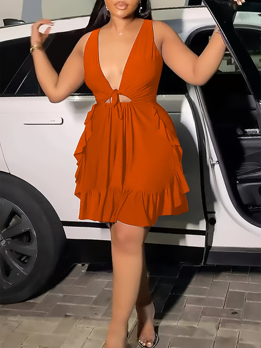 Elegant V-Neck Sleeveless Ruffle Ruched Bodycon Mini Dress