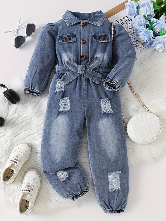 Girls Ripped Denim Long Sleeve Jumpsuit