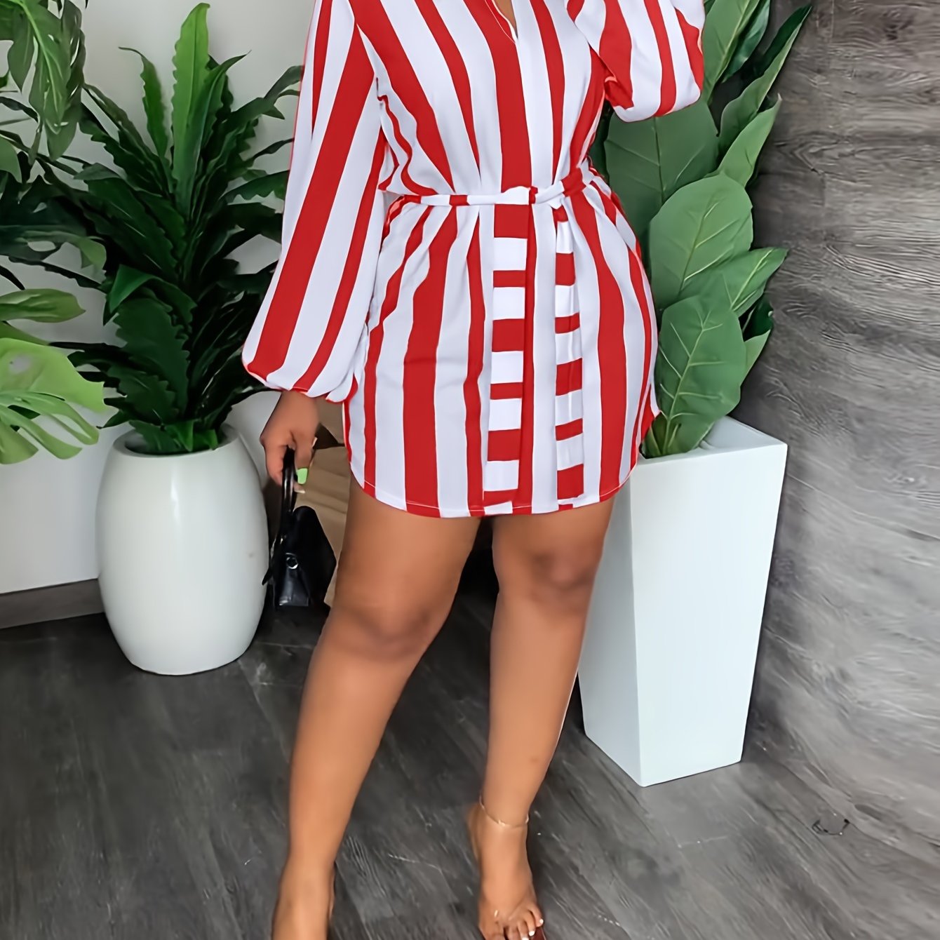 Striped Print Lantern Sleeve Dress, Casual Tie-waist Notch Neck Dress, Women's Clothing