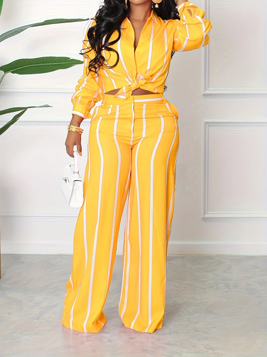 Button Front Collar Long Sleeve Shirt & High Waist Wide Leg Loose Pants Set