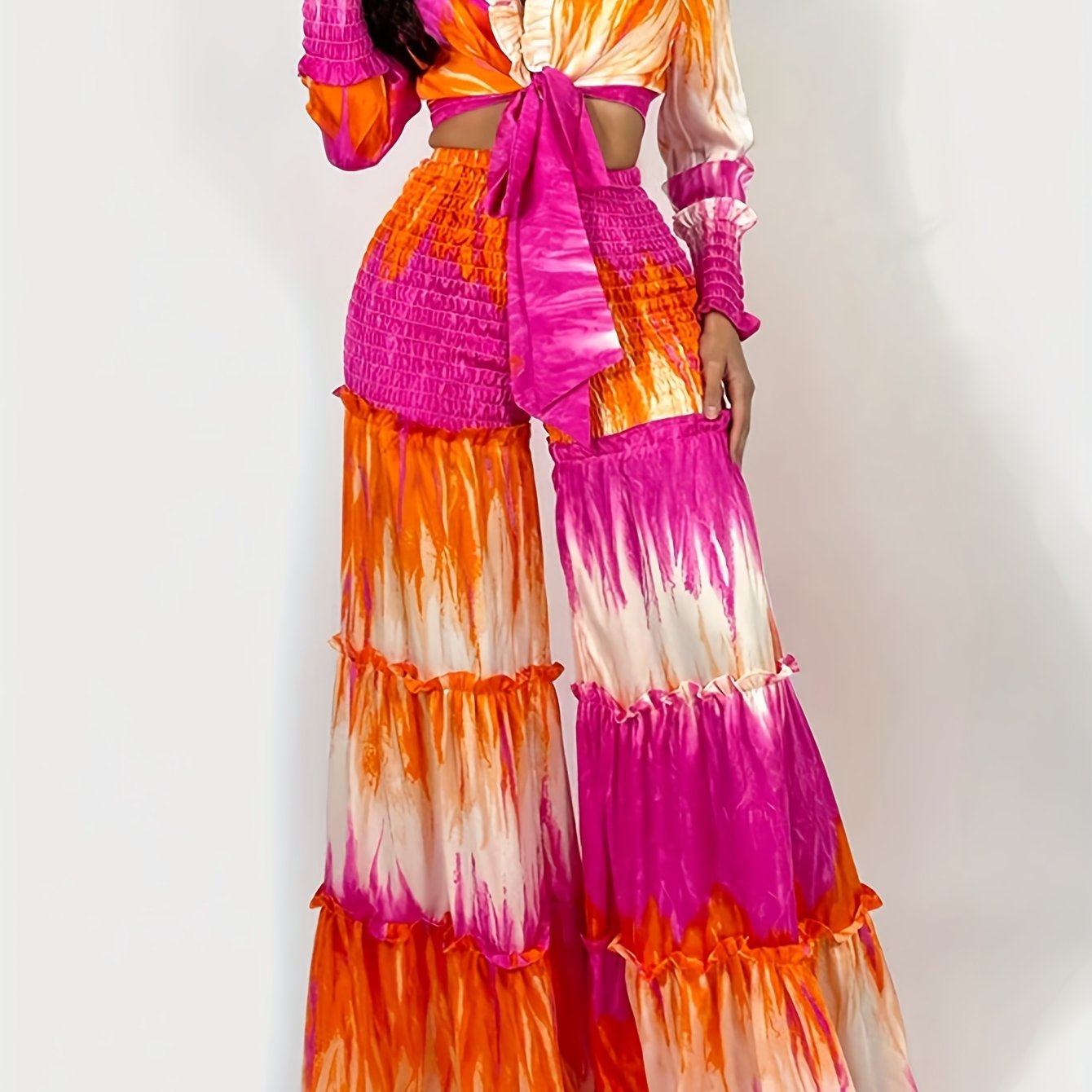 Command & Chic Tie-Dye Spliced Long Sleeve Top and Wide-Leg Pants
