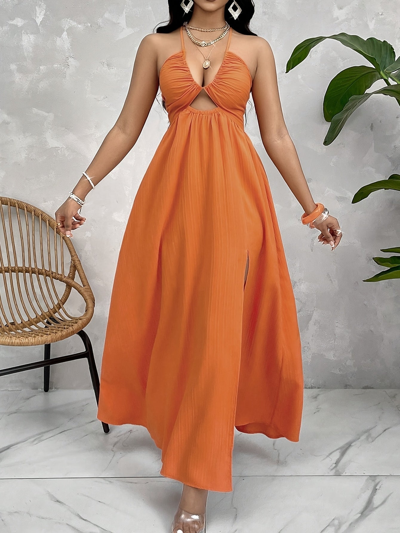 Womens Orange A-Line Maxi Dress with Slit