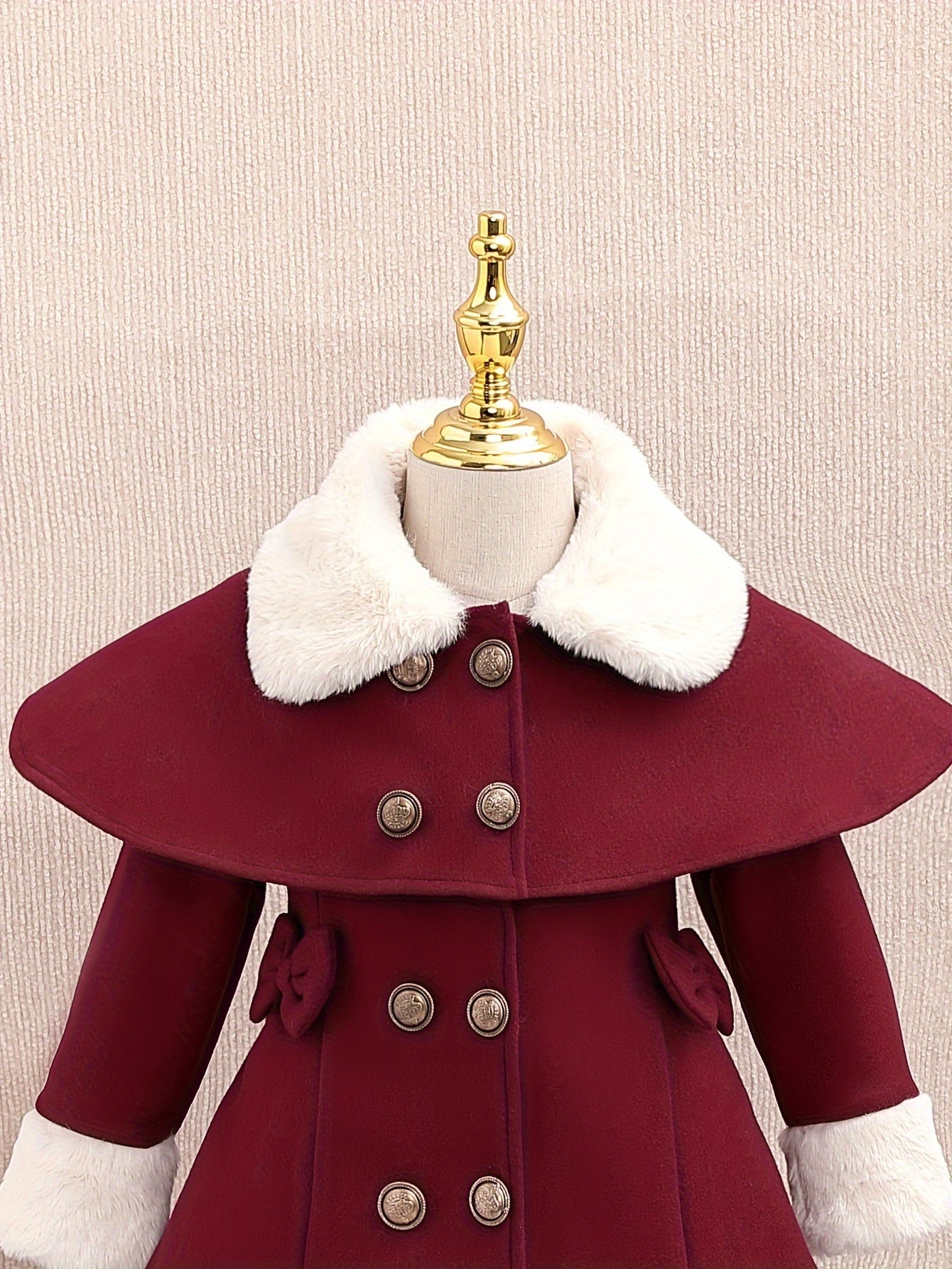 Girls Fleece Lapel Collar Double-breasted And Back Bow Decor Cloak Dress, Elegant And Stylish For Fall And Winter